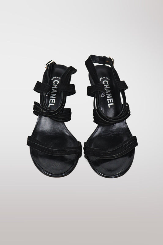 Chanel Black Leather Strappy Wedge