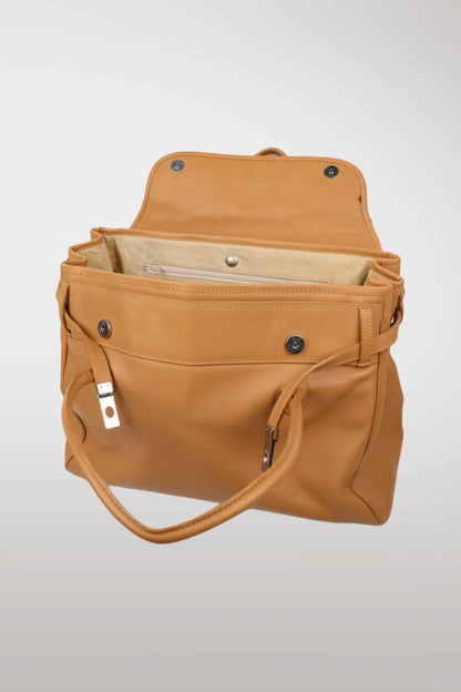 Brown leather bag with open front pocket on a light gray background