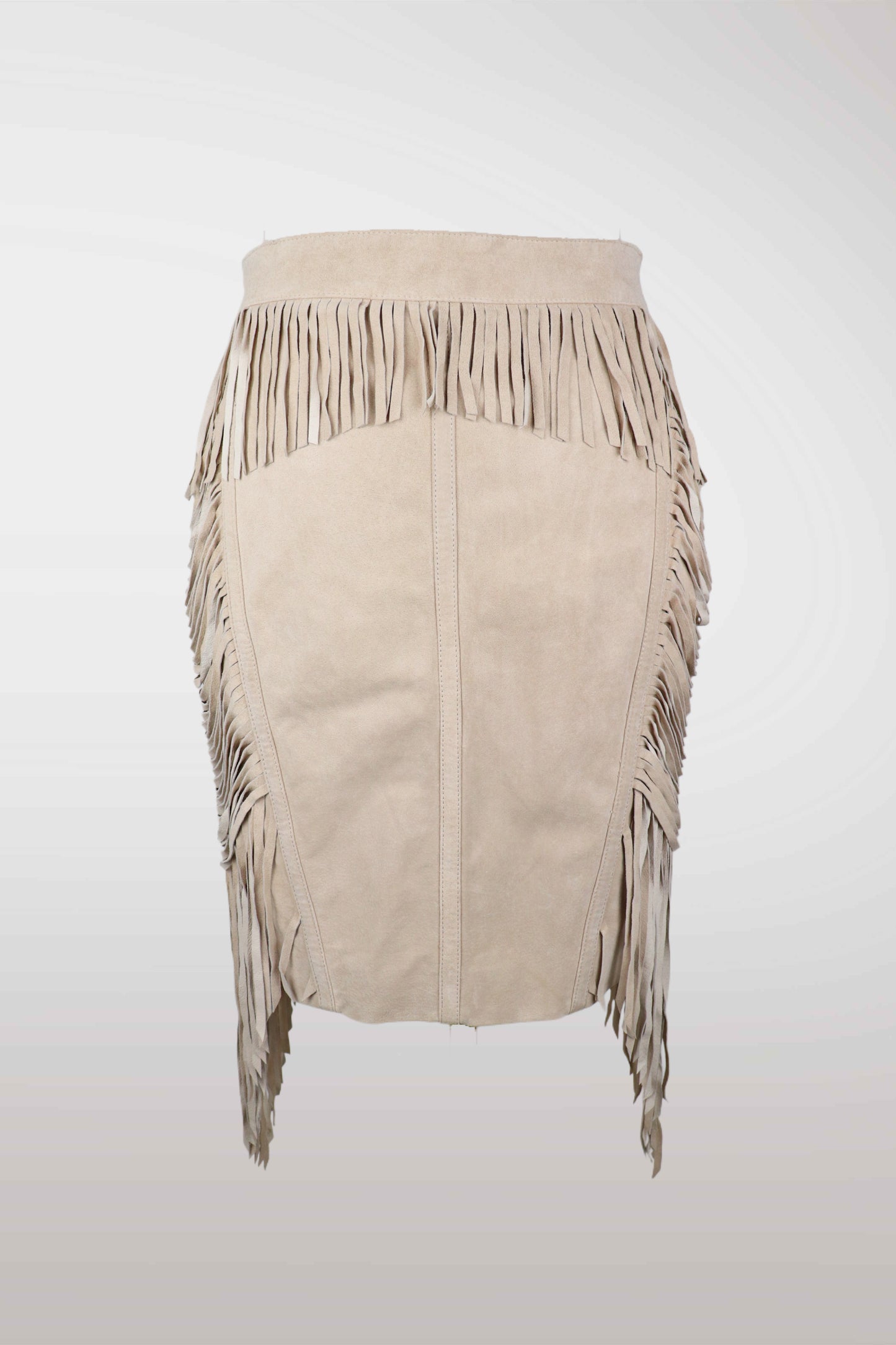 BeBe Tan Leather Fringe Midi Skirt