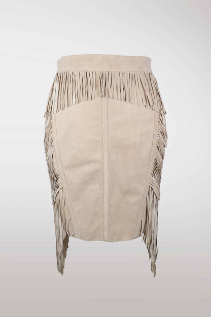 BeBe Tan Leather Fringe Midi Skirt