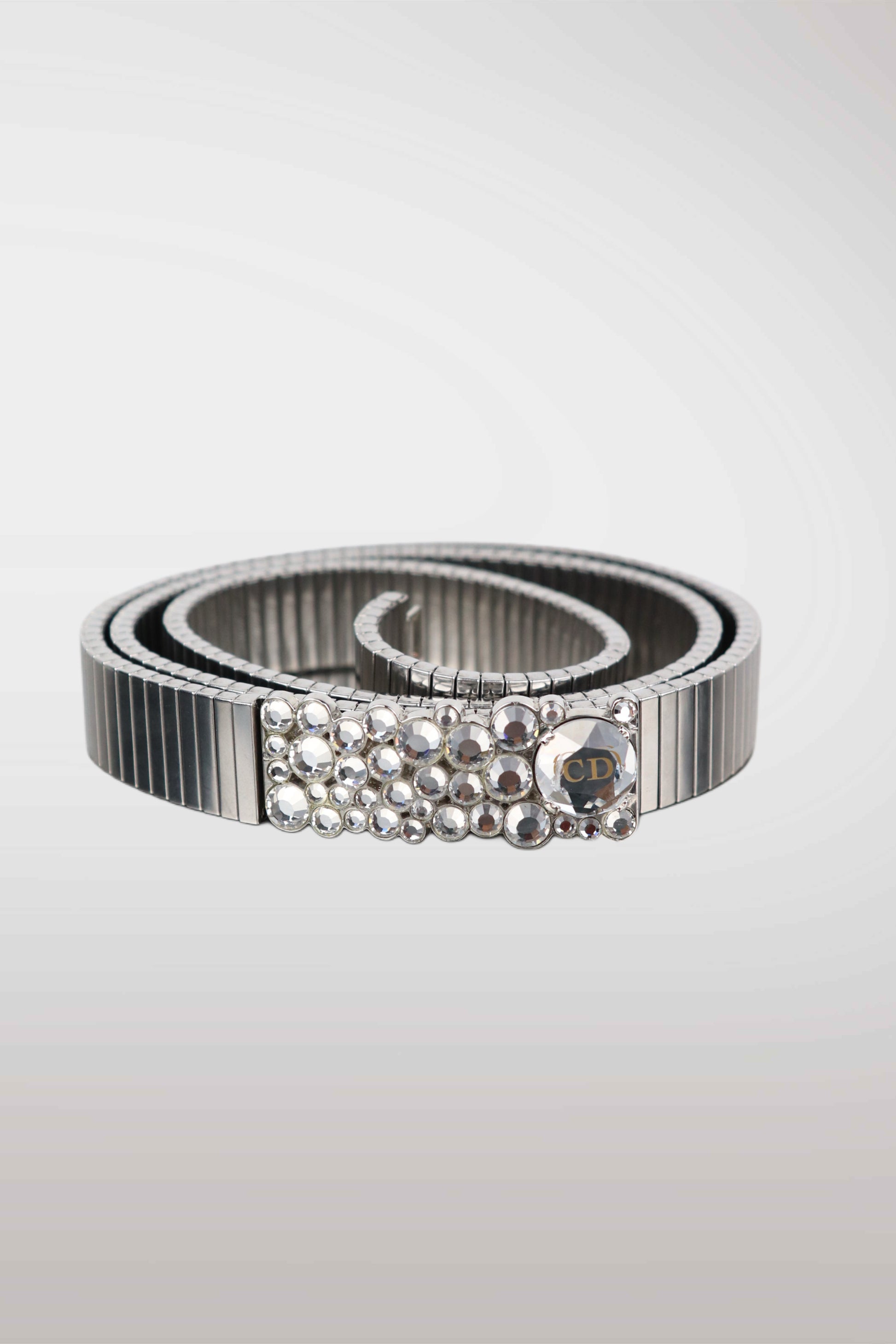 Silver belt with pearl-like embellishments on a light gray background