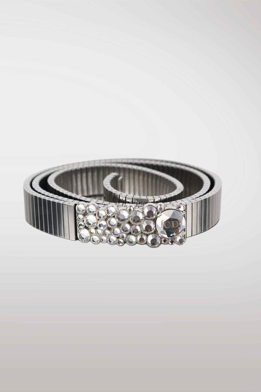 Silver belt with pearl-like embellishments on a light gray background
