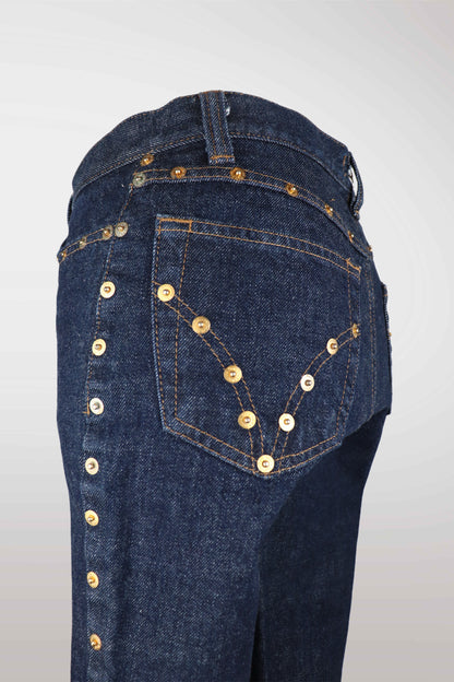 Close-up of dark blue jeans with gold buttons on a light gray background
mint condition vintage
designer archive piece
rare runway sample
one of a kind vintage
limited edition designer
authentic vintage designer
rare vintage designer find
collectible vintage fashion
high-end vintage clothing
luxury vintage apparel
designer vintage statement piece
genuine vintage couture
archival designer clothing
runway vintage fashion
vintage designer investment piece
