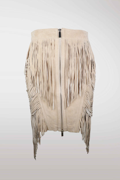 BeBe Tan Leather Fringe Midi Skirt