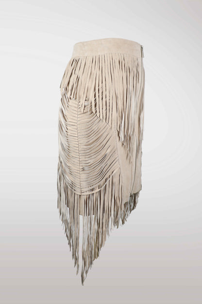 BeBe Tan Leather Fringe Midi Skirt