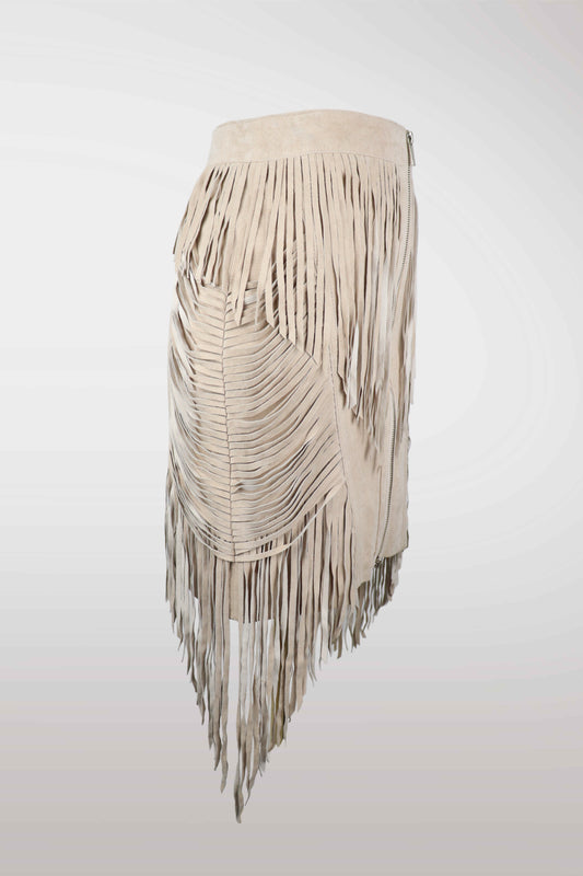 BeBe Tan Leather Fringe Midi Skirt