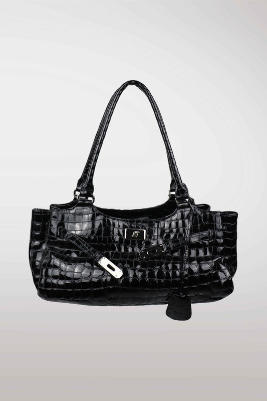 Black textured handbag on a light gray background