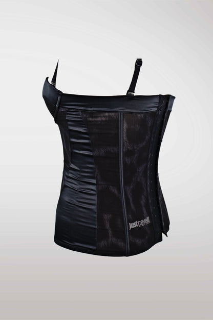 Just Cavalli 2000s Leopard Print Black Satin Corset
