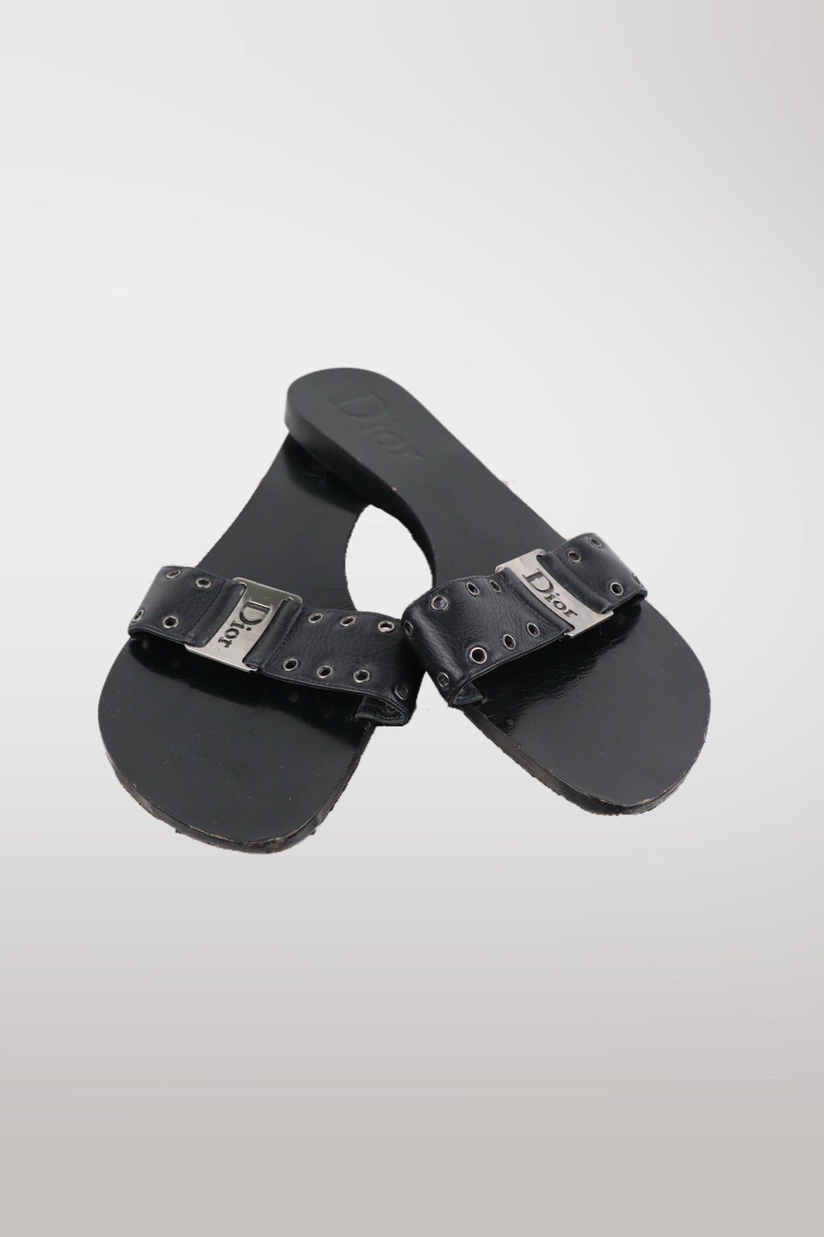 Christian Dior "Street Chic" Plaque Leather Flat Sandals