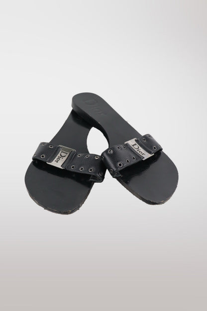 Christian Dior "Street Chic" Plaque Leather Flat Sandals
