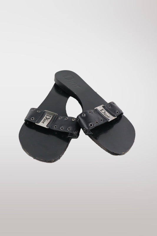 Christian Dior "Street Chic" Plaque Leather Flat Sandals