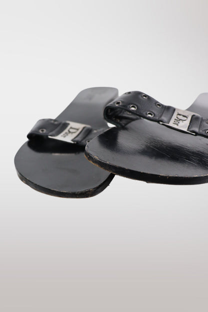 Christian Dior "Street Chic" Plaque Leather Flat Sandals