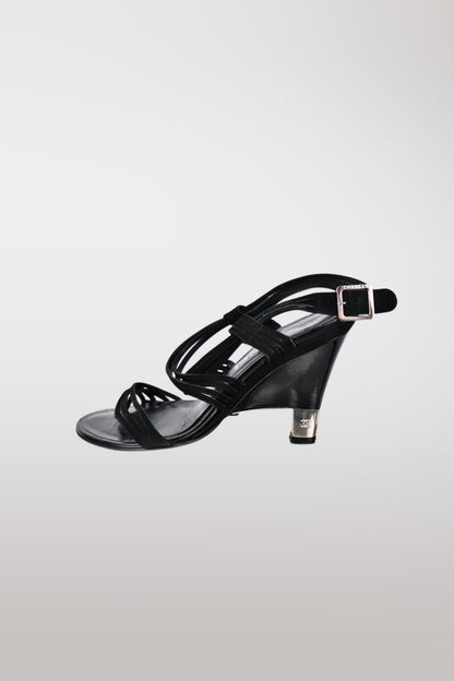Chanel Black Leather Strappy Wedge