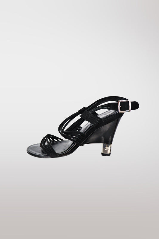 Chanel Black Leather Strappy Wedge