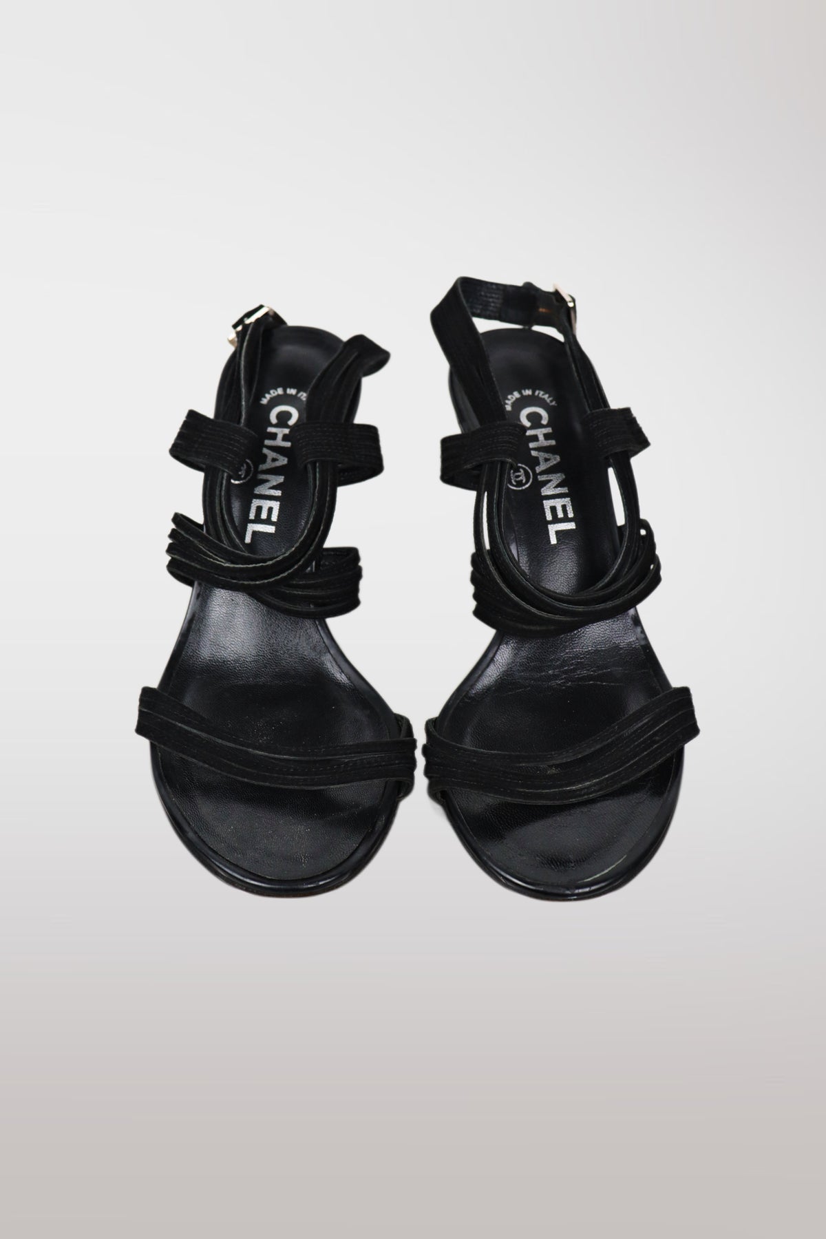 Chanel Black Leather Strappy Wedge