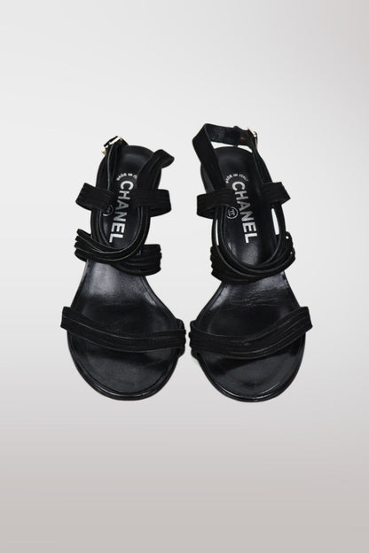 Chanel Black Leather Strappy Wedge