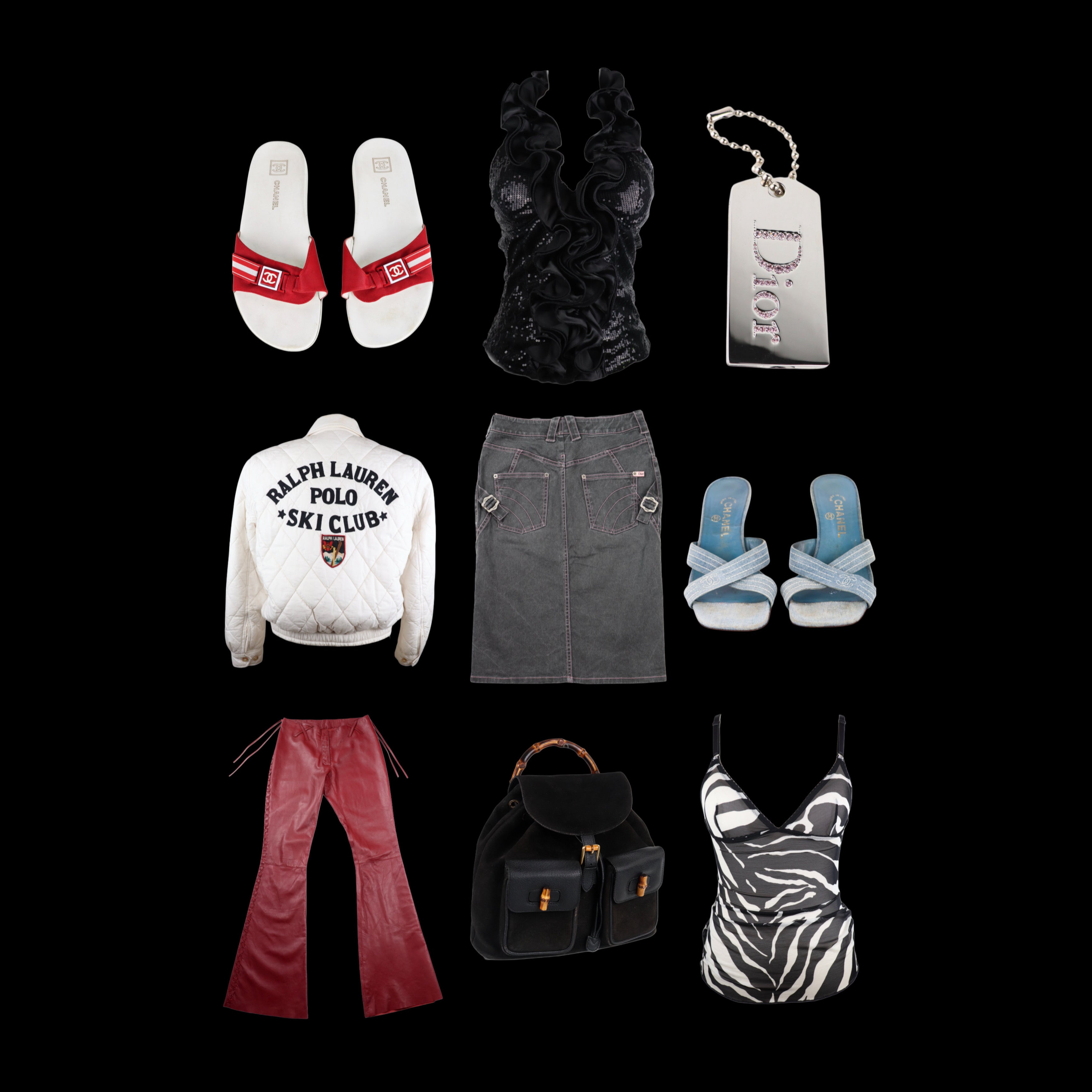 Collection of fashion items including shoes, clothing, and accessories on a black background