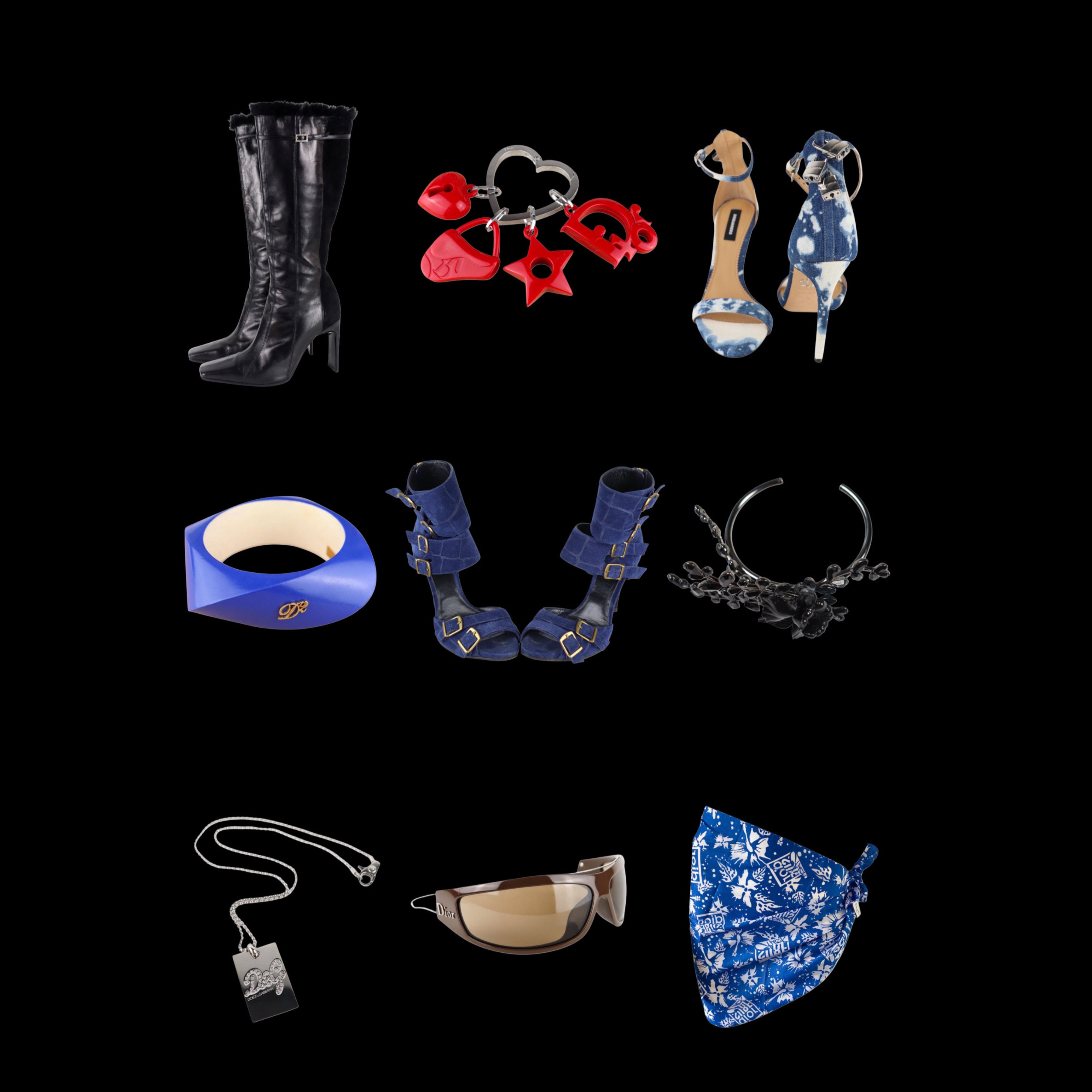 Collection of fashion accessories including boots, earrings, and masks on a black background